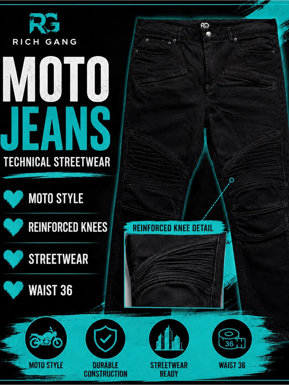 Men's Moto Biker Jeans Reinforced Technical Black Utility Streetwear Jeans SZ 36
